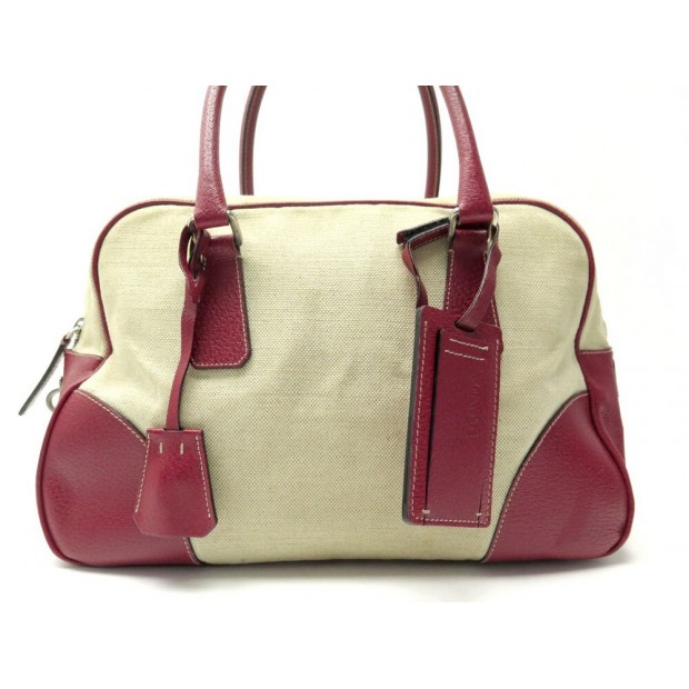 SAC A MAIN PRADA BOWLING BIMATIERE TOILE BEIGE & CUIR ROUGE CANVAS HANDBAG 1165€