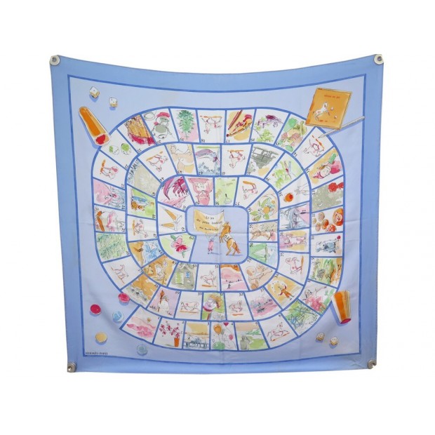 FOULARD HERMES LE JEU DES PETITS BONHEURS SYNES CARRE 90 SOIE BLEUE SCARF 410€