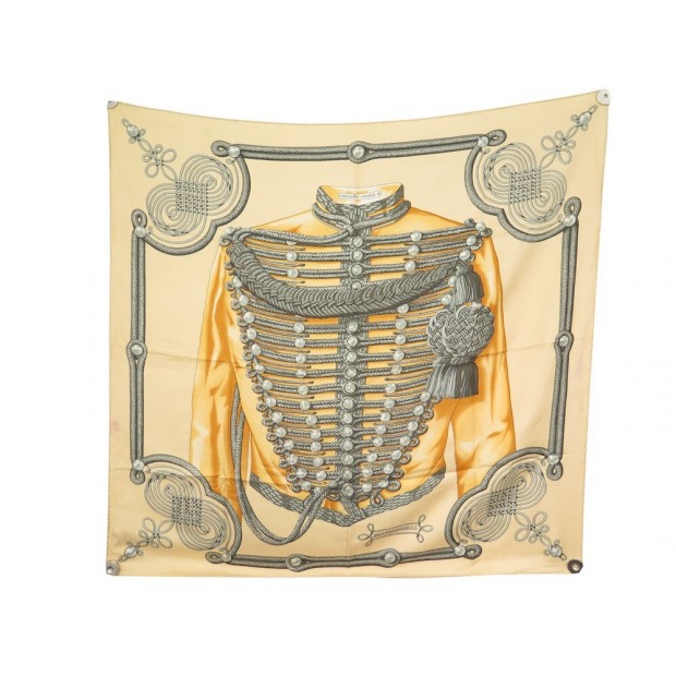 FOULARD HERMES BRANDEBOURGS CATY LATHAM CARRE 90 SOIE BEIGE SILK SCARF 460€