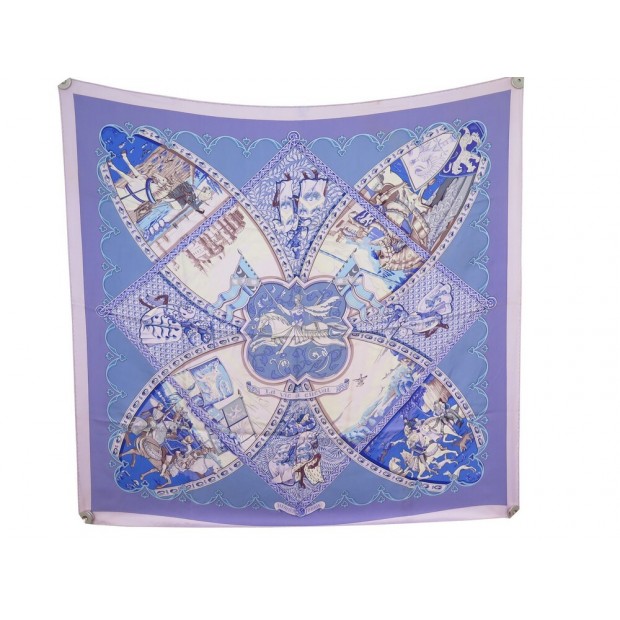 FOULARD HERMES LA VIE A CHEVAL CARRE 90 BOURTHOUMIEUX SOIE VIOLETTE SCARF 410€