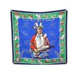 FOULARD HERMES PANI LA SHAR PAWNEE KERMIT OLIVIER CARRE 90 SOIE BLEU SCARF 410€