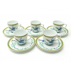 SERVICE A THE CAFE HERMES TOUCANS 5 TASSES SOUCOUPES EN PORCELAINE LIMOGES