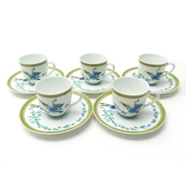 SERVICE A THE CAFE HERMES TOUCANS 5 TASSES SOUCOUPES EN PORCELAINE LIMOGES