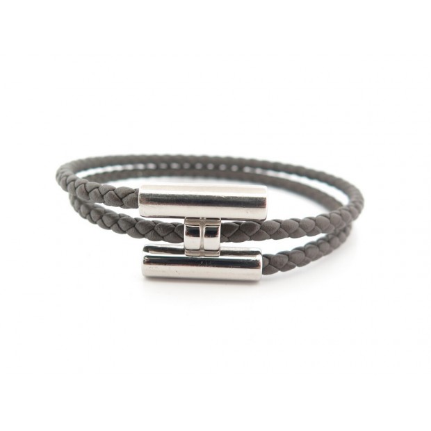 BRACELET HERMES TOURNIS DOUBLE TOUR T 18 CUIR TRESSE MARRON LEATHER BANGLE 375€