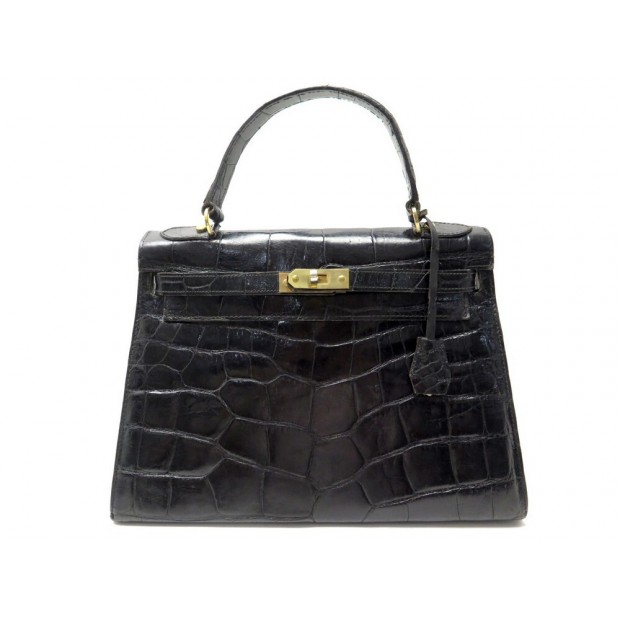 VINTAGE SAC A MAIN FACON KELLY EN CUIR CROCODILE NOIR BLACK CROC LEATHER HANDBAG