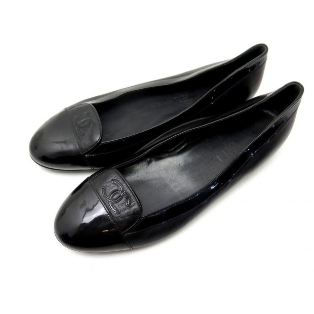 CHAUSSURES CHANEL BALLERINES LOGO CC 40 EN CUIR NOIR LEATHER FLAT SHOES 790€