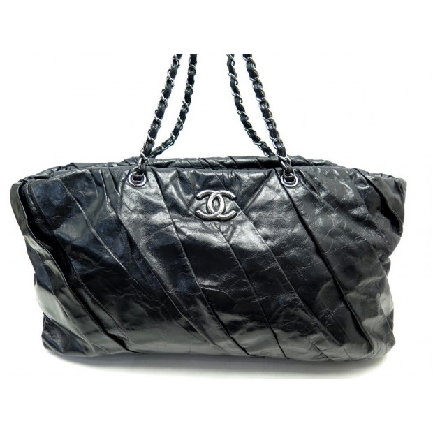 SAC DE VOYAGE A MAIN CHANEL SHOPPING BAG CUIR PLISSE NOIR WEEKEND PURSE 5900€