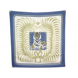 VINTAGE FOULARD HERMES TIGRE ROYAL VAUZELLE CARRE 90 SOIE BLEUE SILK SCARF 410€