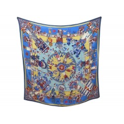 CHALE HERMES KACHINAS KERMIT OLIVIER EN CACHEMIRE ET SOIE BLEU SILK SHAWL 1000€