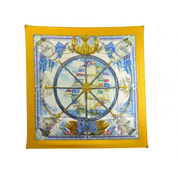 FOULARD HERMES VIVE LE VENT BATEAU EN SOIE JAUNE CARRE 90 CM SILK SCARF YELLOW