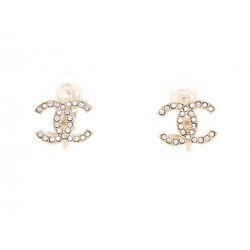 NEUF BOUCLES D'OREILLES CHANEL LOGO CC & STRASS EN METAL DORE EARRINGS 420€