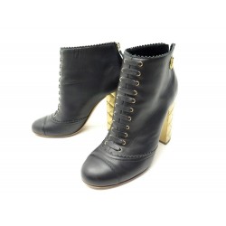 BOTTINES CHANEL G30906 PARIS-SALZBURG TALONS MATELASSES NOIR & DORE BOOTS 1300€