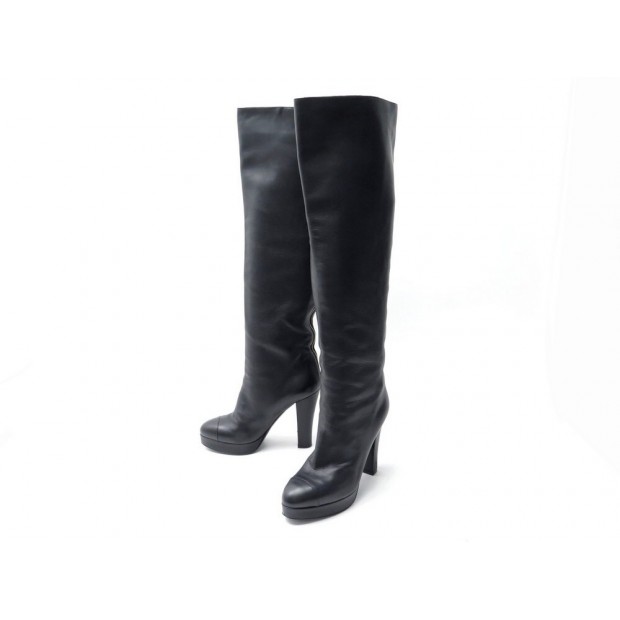 BOTTES CHANEL CUISSARDES A TALONS 40 EN CUIR NOIR BLACK LEATHER BOOTS 2500€