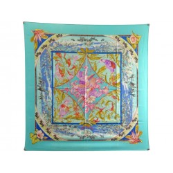 FOULARD HERMES TROPIQUES LAURENCE BOURTHOUMIEUX CARRE 90 SOIE BLEU SCARF 410€