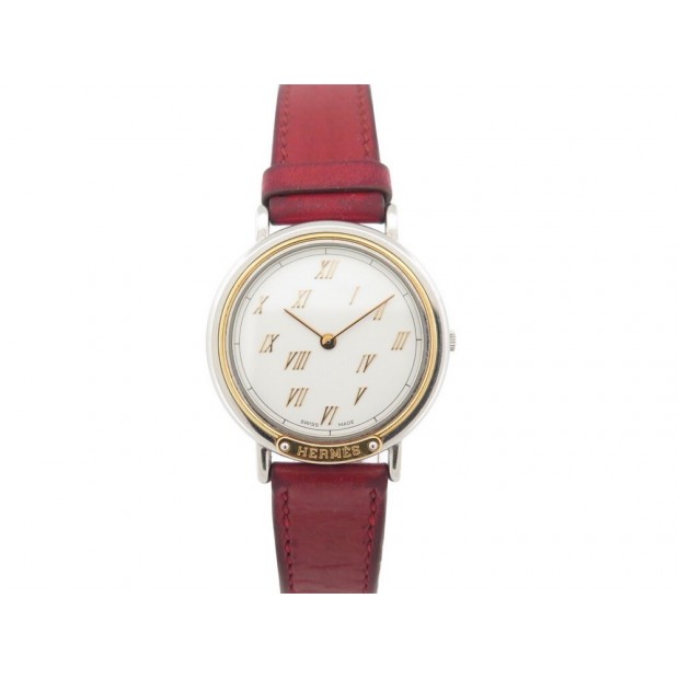 MONTRE HERMES METEOR ACIER & PLAQUE OR CUIR ROUGE STEEL GOLD PLATED WATCH 2805€