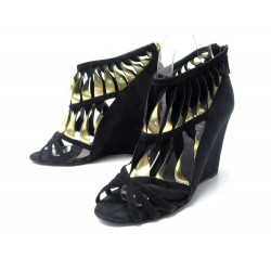 CHAUSSURES CHANEL SANDALES TALONS COMPENSEES 39 EN DAIM NOIR DEER SHOES 1250€