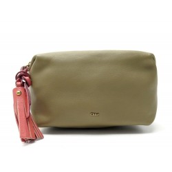 NEUF TROUSSE A MAIN CHLOE 16CM SAC POCHETTE EN CUIR GRAINE TAUPE HAND BAG PURSE