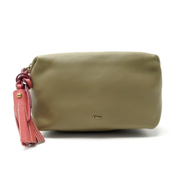 NEUF TROUSSE A MAIN CHLOE 16CM SAC POCHETTE EN CUIR GRAINE TAUPE HAND BAG PURSE