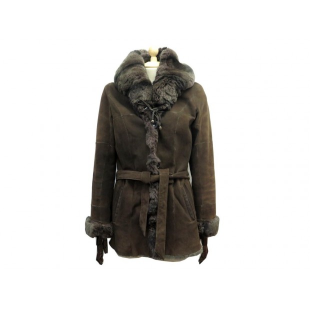 VESTE MANTEAU YVES SALOMON EN PEAU RETOURNEE ET FOURRURE DE LAPIN 36 MARRON COAT