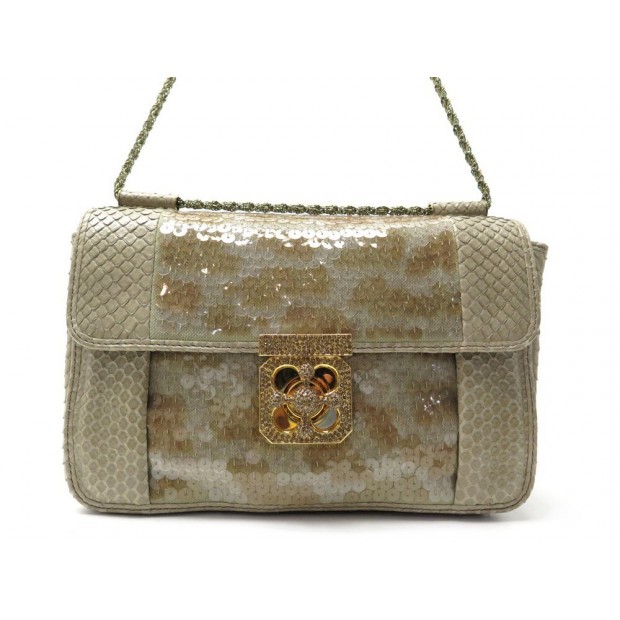 SAC A MAIN CHLOE ELSIE CUIR DE PYTHON & SEQUINS TAUPE 26CM HAND BAG PURSE 2350€