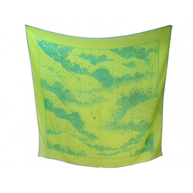 FOULARD HERMES TROIS FEUILLES BASCHET CARRE 140 MOUSSELINE SOIE VERTE SCARF 860€