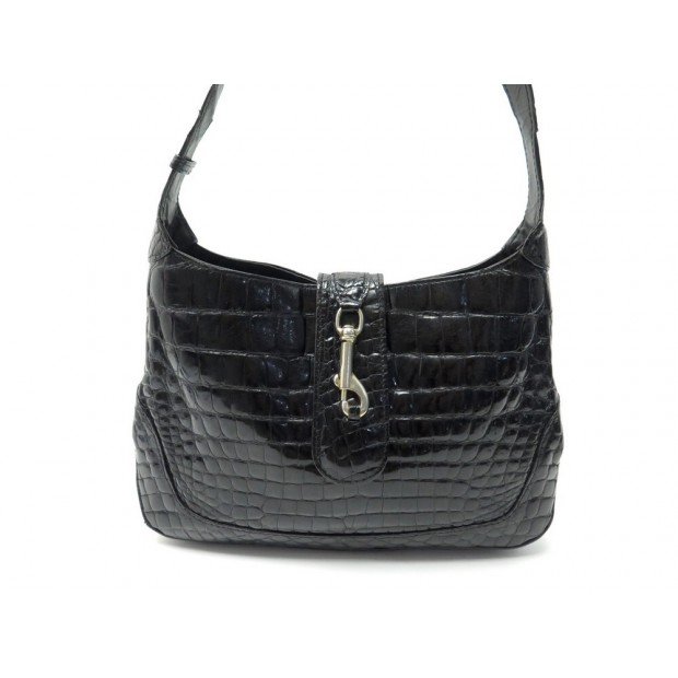 VINTAGE SAC A MAIN FORME JACKIE EN CUIR CROCODILE NOIR BLACK HAND BAG PURSE