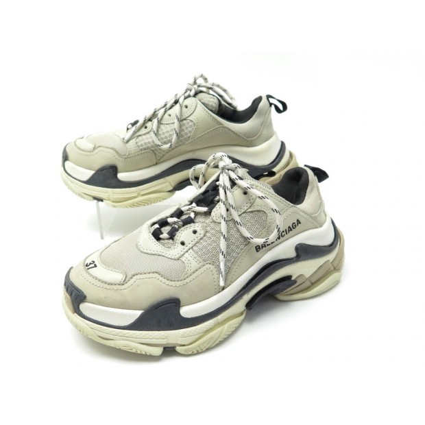 CHAUSSURES BALENCIAGA TRIPLE S 524039 37 BASKETS TOILE CUIR BEIGE SNEAKERS 795€