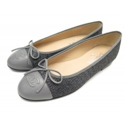 NEUF CHAUSSURES BALLERINES CHANEL G02819 LOGO CC 39 TWEED & CUIR GRIS SHOES 790€