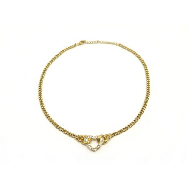 NEUF COLLIER CHRISTIAN DIOR COEUR STRASS 39-43.5CM EN METAL DORE NECKLACE 590€