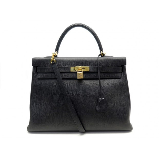 SAC A MAIN HERMES KELLY 35 RETOURNE CUIR GRAINE NOIR BANDOULIERE HAND BAG PURSE