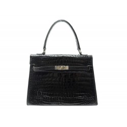 VINTAGE SAC A MAIN FORME KELLY EN CUIR CROCODILE NOIR BLACK HAND BAG PURSE