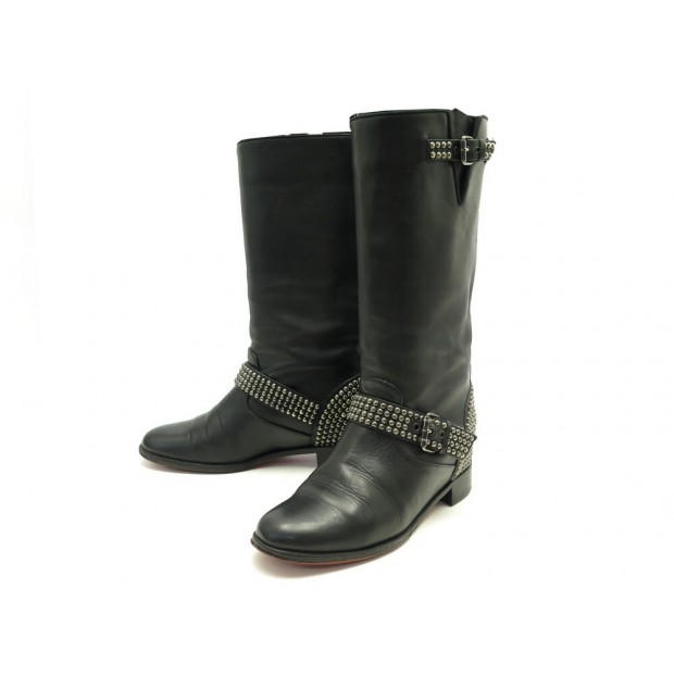 BOTTES CHRISTIAN LOUBOUTIN MOTARD CLOUTEES 38 CUIR NOIR BIKER STUDS BOOTS 1495€