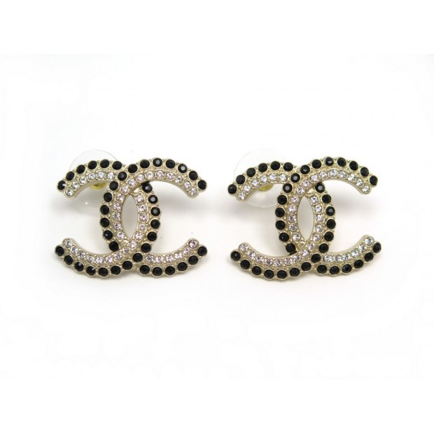 NEUF BOUCLES D'OREILLES CHANEL LOGO CC DOUBLE RANG STRASS NOIR & BLANC EARRINGS