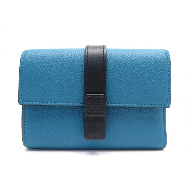 NEUF PORTEFEUILLE LOEWE SMALL VERTICAL 124.12.S86 CUIR GRAINE BLEU WALLET 470€