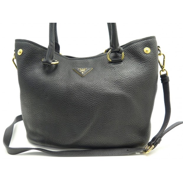 SAC A MAIN PRADA CABAS EN CUIR GRAINE NOIR BANDOULIERE TOTE HAND BAG PURSE 2200€