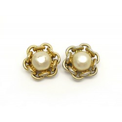 VINTAGE BOUCLES D'OREILLES CHANEL CLIPS METAL DORE & PERLES 1985 PEARL EARRINGS