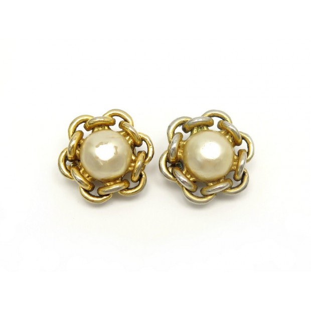 VINTAGE BOUCLES D'OREILLES CHANEL CLIPS METAL DORE & PERLES 1985 PEARL EARRINGS