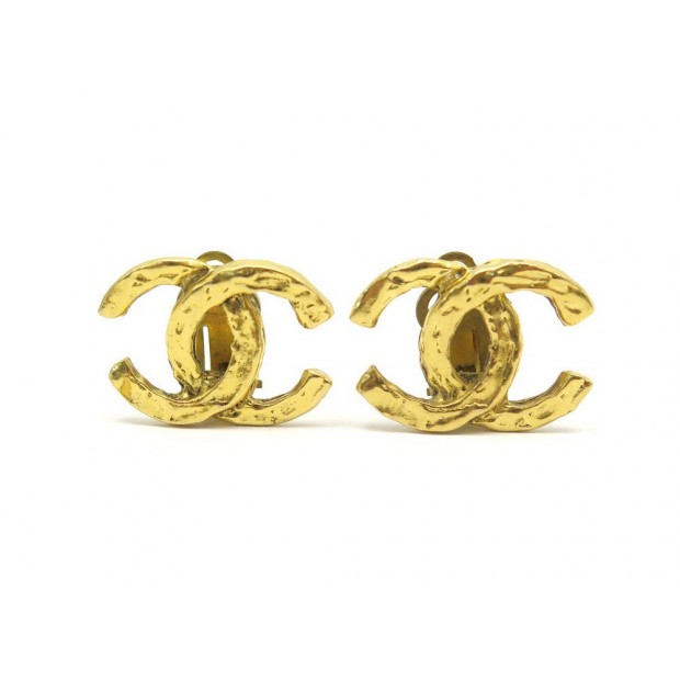 VINTAGE BOUCLES D'OREILLES CHANEL LOGO CC CLIPS 1975 1980 METAL DORE EARRINGS