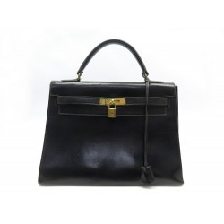 VINTAGE SAC A MAIN HERMES KELLY 32 SELLIER CUIR BOX NOIR BLACK LEATHER HAND BAG