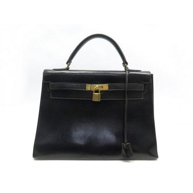 VINTAGE SAC A MAIN HERMES KELLY 32 SELLIER CUIR BOX NOIR BLACK LEATHER HAND BAG