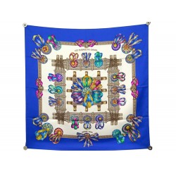 FOULARD HERMES LES RUBANS DU CHEVAL METZ CARRE 90 EN SOIE BLEU SILK SCARF 460€