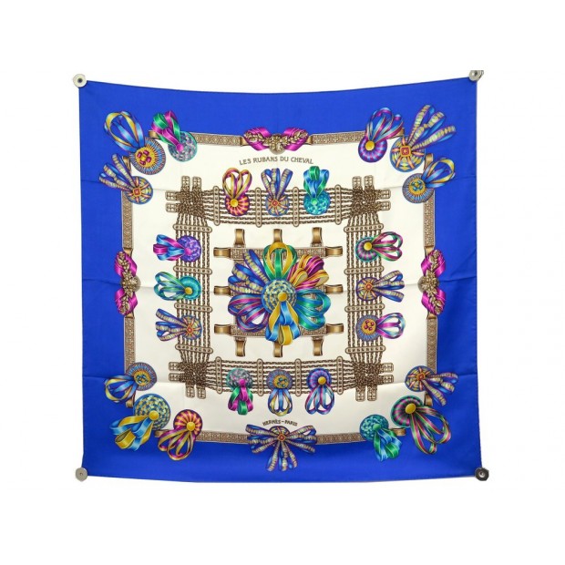 FOULARD HERMES LES RUBANS DU CHEVAL METZ CARRE 90 EN SOIE BLEU SILK SCARF 460€