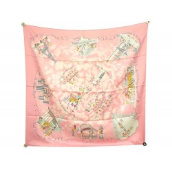 RARE FOULARD HERMES LES TRIPLES NICOLE LAMBERT 2004 CARRE 90 CM SOIE ROSE SCARF