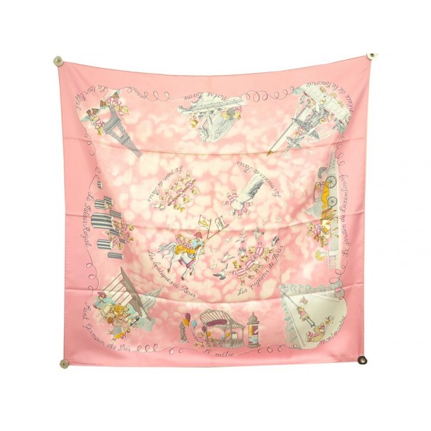 RARE FOULARD HERMES LES TRIPLES NICOLE LAMBERT 2004 CARRE 90 CM SOIE ROSE SCARF