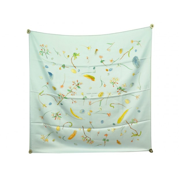 NEUF FOULARD HERMES FLEURS ET PLUMES 90 CM P COOKE LEIGH EN SOIE BLEU SCARF 460€