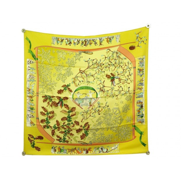 FOULARD HERMES NEIGE D'ANTAN CATY LATHAM CARRE 90 EN SOIE JAUNE SILK SCARF 410€