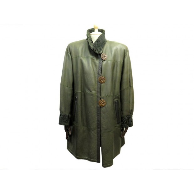 VINTAGE MANTEAU YVES SAINT LAURENT FOURRURES XL 48 EN CUIR VERT & ASTRAKAN COAT