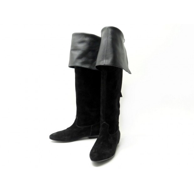 CHAUSSURES CELINE CHAT BOTTE CUISSARDES 39 EN CUIR ET DAIM NOIR BLACK BOOTS 645€