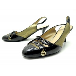 CHAUSSURES CHANEL SLINGBACK ESCARPINS 39.5 CUIR BICOLORE NOIR & DORE SHOES 920€