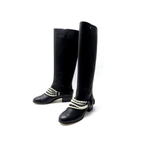 NEUF BOTTES CHANEL CAVALIERES PERLES G33933 41 CUIR NOIR HIGH BOOTS SHOES 2250€